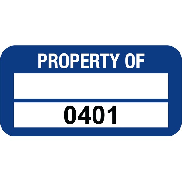 Lustre-Cal PROPERTY OF Label, Polyester Dark Blue 1.50in x 0.75in 1 Blank Pad & Serialized 0401-0500, 100PK 253772Pe2Bd0401 - main